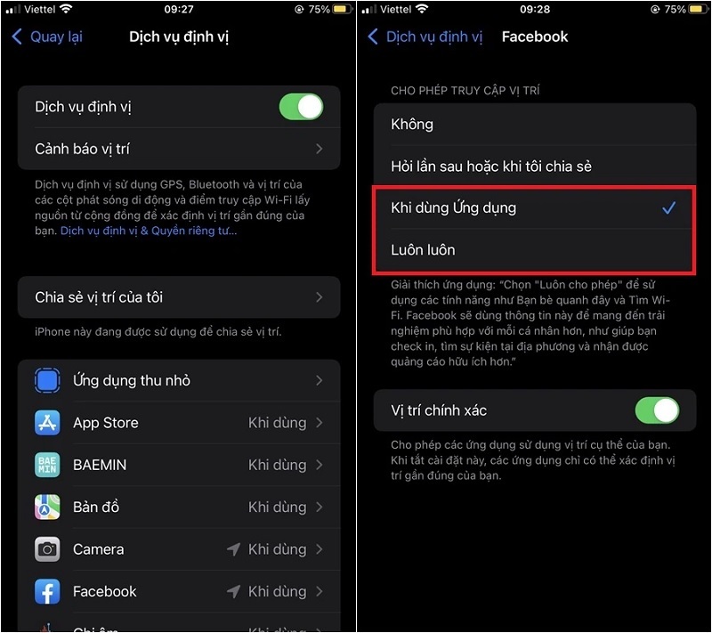 Bạn có thể chọn Khi dùng ứng dụng hoặc Luôn luôn