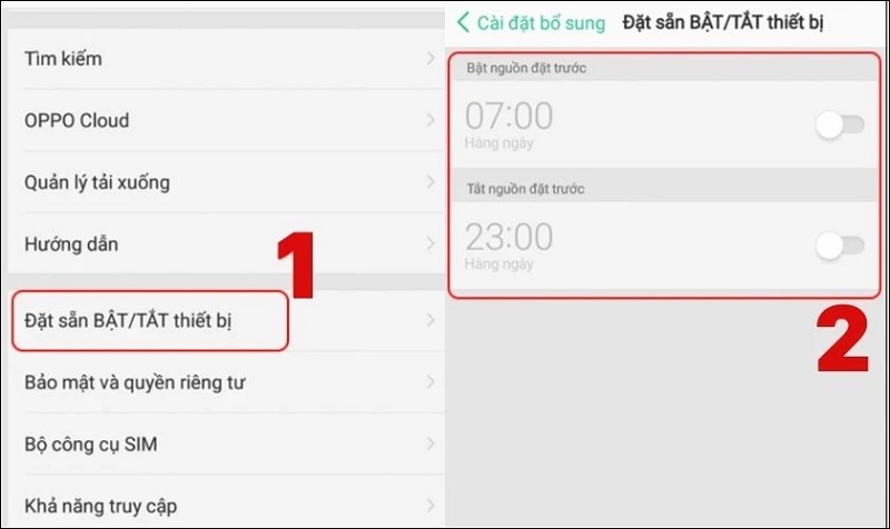 Chọn vào mục Đặt sẵn BẬT/TẮT thiết bị