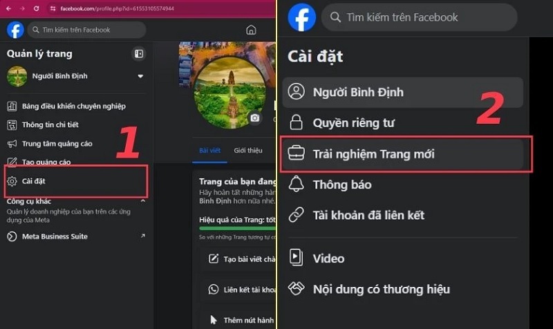 Chọn vào mục Trải nghiệm Trang mới