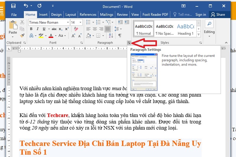 Nhấn vào biểu tượng mũi tên nằm ở bên cạnh mục Paragraph