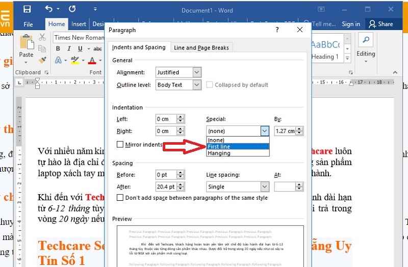 Nhấn vào tùy chọn First line