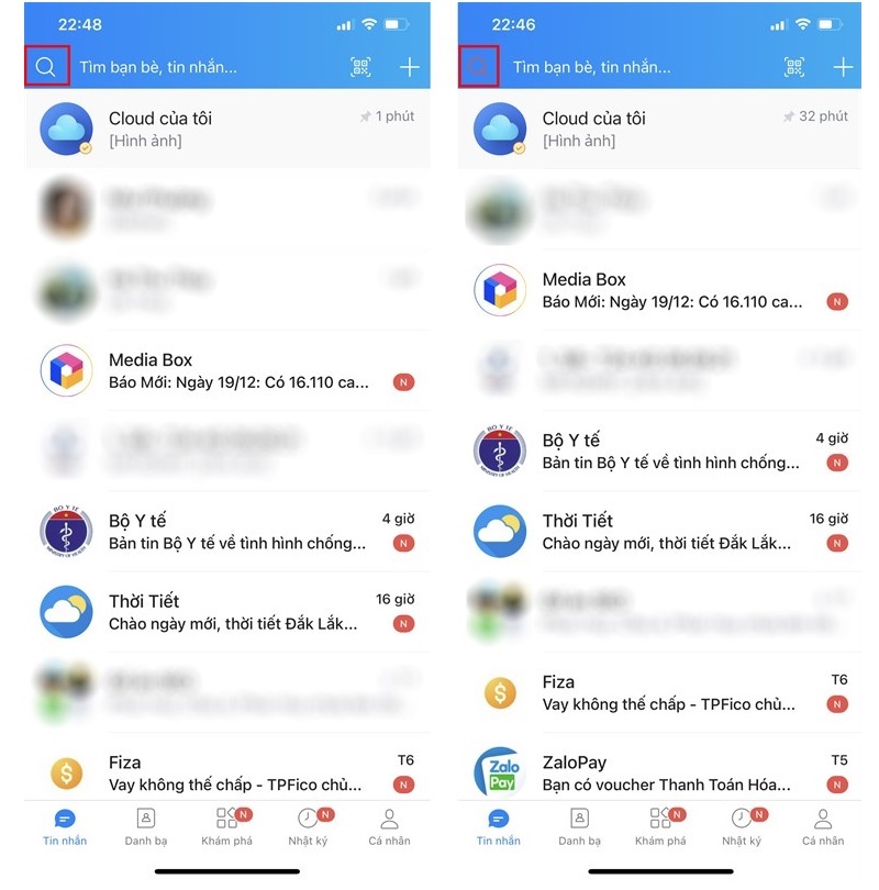 Biểu tượng kính lúp ở giao diện cuộc trò chuyện từ màu trắng chuyển sang màu đỏ