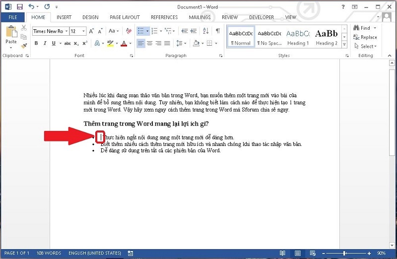 Đặt con trỏ chuột vào vị trí bạn cần thêm trang
