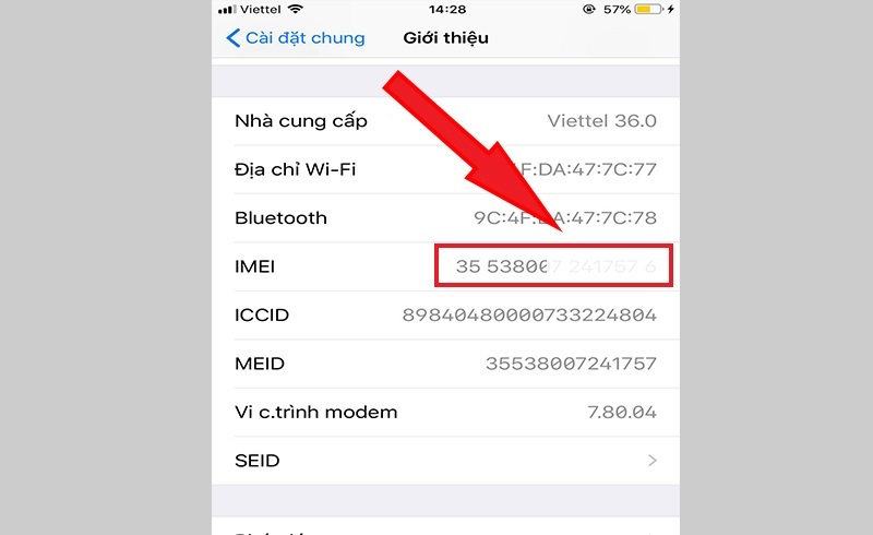 Tìm đến mục IMEI