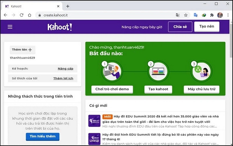 Đăng nhập Kahoot thành công