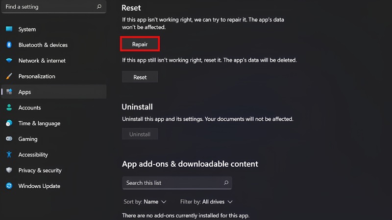 Repair rồi Reset ứng dụng Windows Security bước 3 Repair rồi Reset ứng dụng Windows Security bước 3
