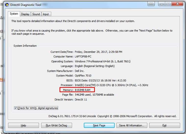 kiem tra dung lượng ram bang directx diag