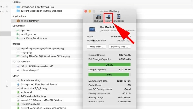 Nhấn vào tùy chọn History
