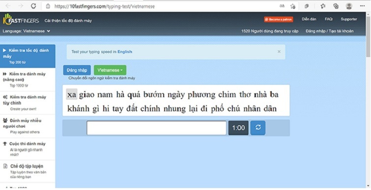 Kiểm tra tốc độ gõ bằng 10FastFingers