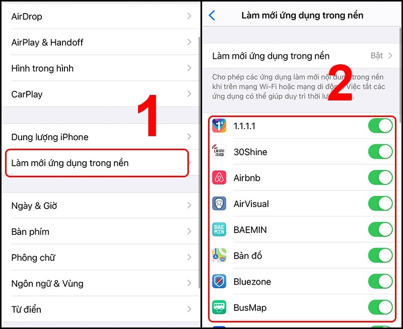 Chọn Làm mới ứng dụng trong nền