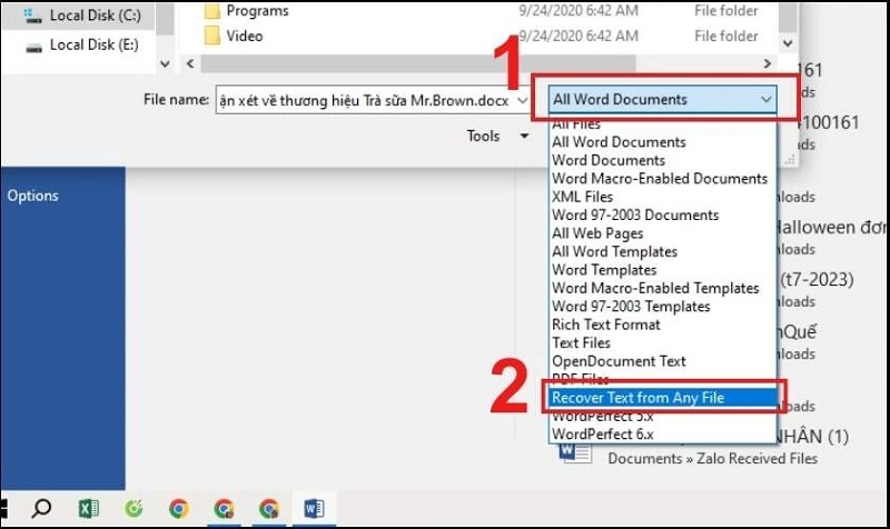 Nhấn vào tùy chọn Recover Text from Any File