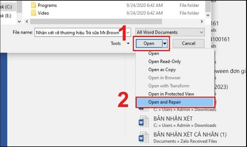 Nhấn vào tùy chọn Open and repair