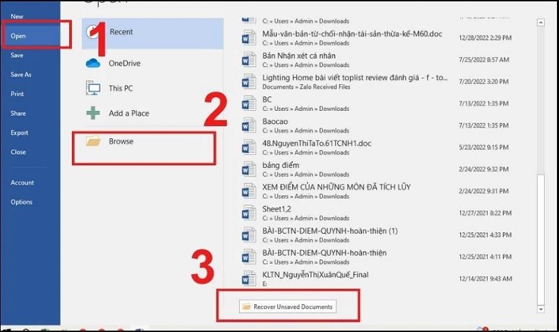 Chọn mục Recover Unsaved Document