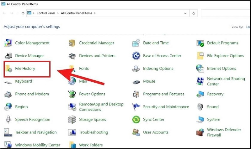 Chọn vào mục File History