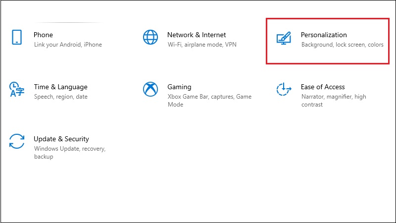 Cửa sổ Settings, khoanh vào mục Personalization Cửa sổ Settings, khoanh vào mục Personalization