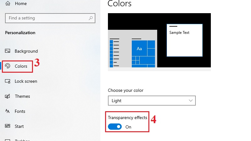 Mục Colors, công tắc Transparency effects đang bật Mục Colors, công tắc Transparency effects đang bật