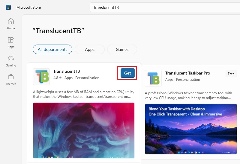 Trang TranslucentTB trên Microsoft Store, khoanh nút Get Trang TranslucentTB trên Microsoft Store, khoanh nút Get
