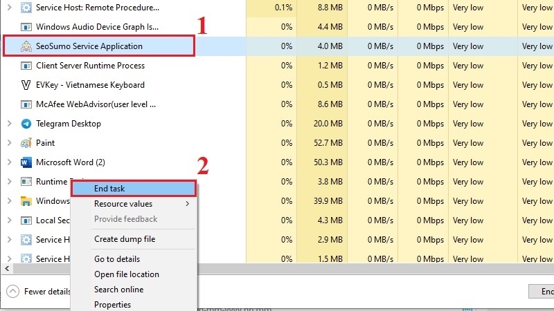 Dùng Task Manager để tắt ứng dụng gây đơ bước 2