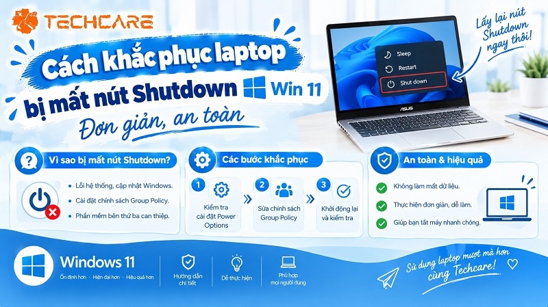 Cách khắc phục laptop bị mất nút Shutdown Win 11 đơn giản, an toàn