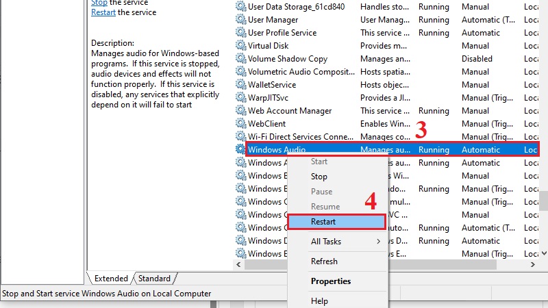 Khởi động lại dịch vụ Windows Audio bước 2 Khởi động lại dịch vụ Windows Audio bước 2