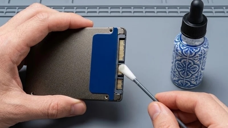 Vệ sinh chân tiếp xúc ổ cứng laptop bằng cọ mềm Vệ sinh chân tiếp xúc ổ cứng laptop bằng cọ mềm