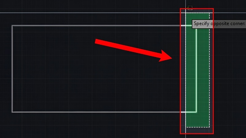 Kéo chuột từ phải sang trái tạo vùng Crossing Window màu xanh lá trên bản vẽ AutoCAD Kéo chuột từ phải sang trái tạo vùng Crossing Window màu xanh lá trên bản vẽ AutoCAD