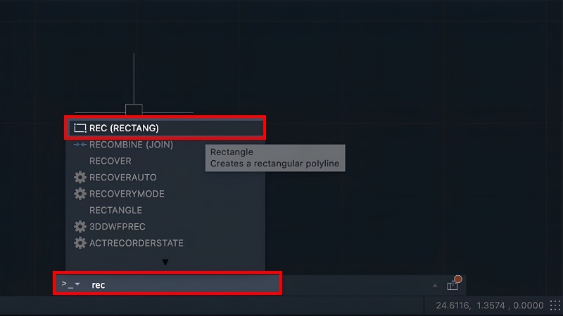 Gõ lệnh REC trên thanh Command của AutoCAD Gõ lệnh REC trên thanh Command của AutoCAD
