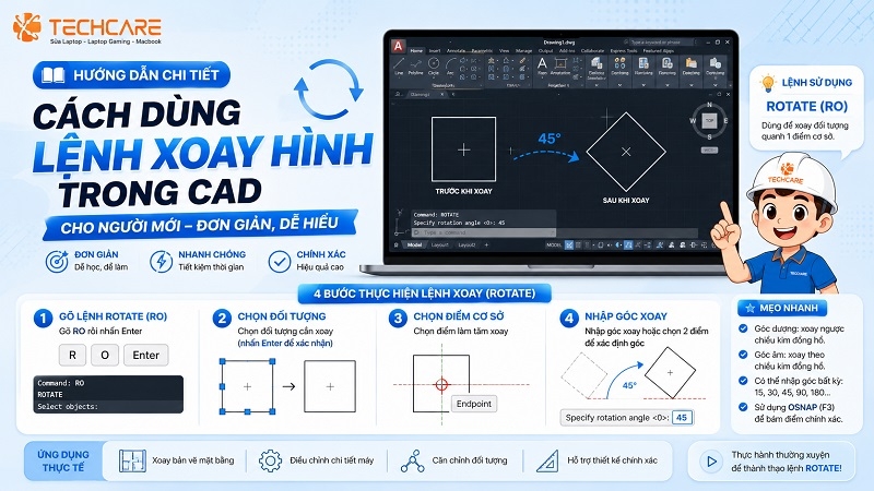 Hướng dẫn chi tiết cách dùng lệnh xoay hình trong CAD cho người mới