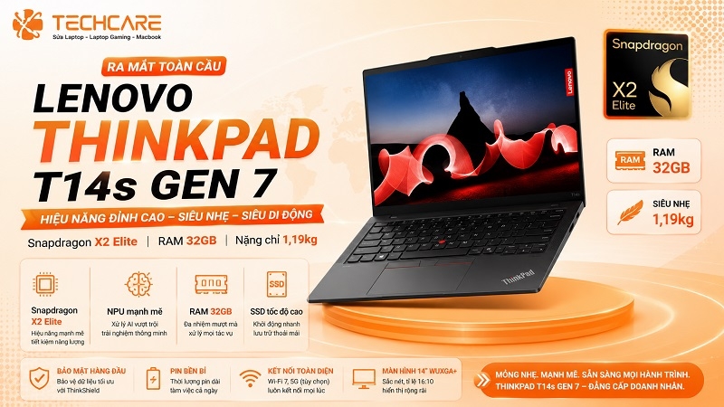 Lenovo ThinkPad T14s Gen 7 ra mắt toàn cầu: Snapdragon X2 Elite, RAM 32GB, nặng chỉ 1,19kg