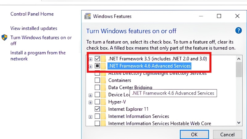 Bật .NET Framework 3.5 trong Turn Windows features on or off bước 2 Bật .NET Framework 3.5 trong Turn Windows features on or off bước 2