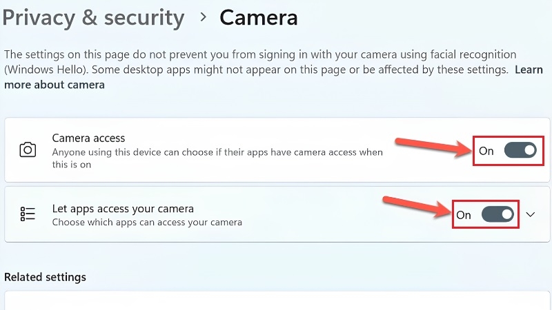 Bật quyền truy cập camera trong cài đặt quyền riêng tư Windows 11 bước 4 Bật quyền truy cập camera trong cài đặt quyền riêng tư Windows 11 bước 4