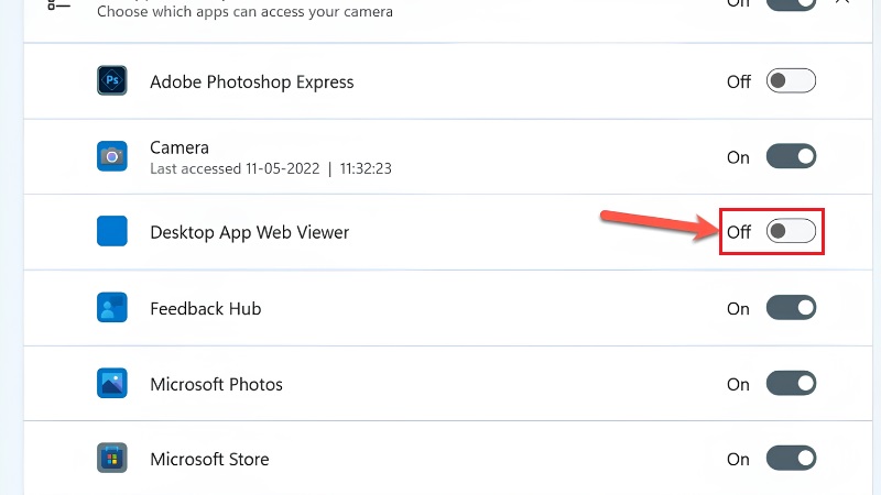 Bật quyền truy cập camera trong cài đặt quyền riêng tư Windows 11 bước 5 Bật quyền truy cập camera trong cài đặt quyền riêng tư Windows 11 bước 5