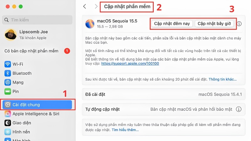Giao diện Cập nhật phần mềm trong Cài đặt hệ thống macOS