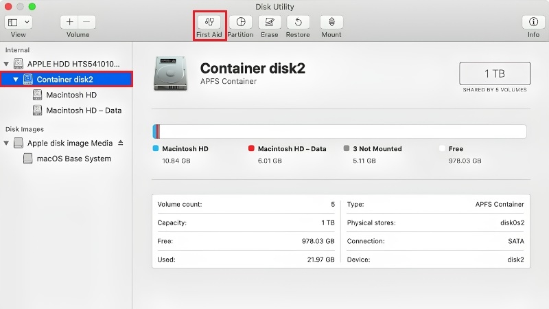 Công cụ Disk Utility với tùy chọn First Aid
