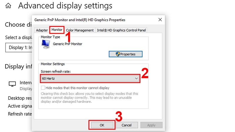 Màn hình cài đặt Screen refresh rate trên Windows bước 4 Màn hình cài đặt Screen refresh rate trên Windows bước 4