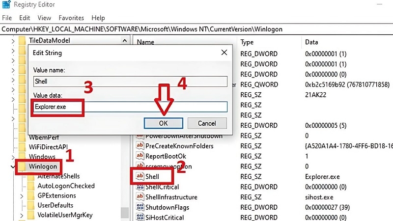 Kiểm tra và sửa đường dẫn Shell trong Registry bước 3 Kiểm tra và sửa đường dẫn Shell trong Registry bước 3