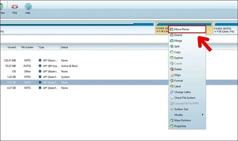 Nhấn vào tùy chọn Move/Resize