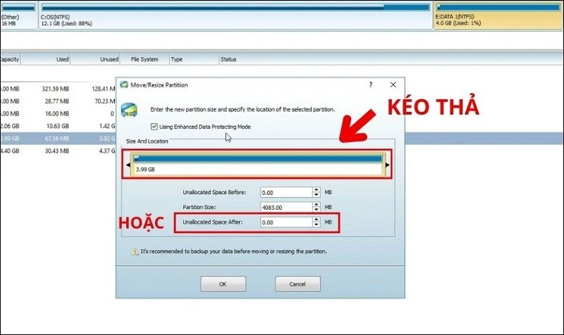 Nhập dung lượng ổ đĩa cần chia cụ thể vào ô Unallocated Space After
