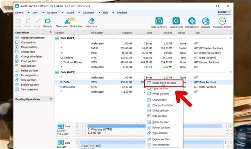 Nhấn vào tùy chọn Resize/ Move