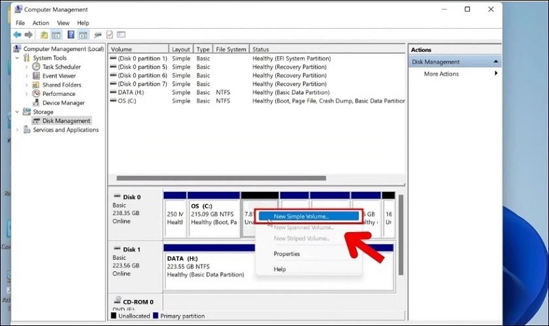 Nhấn vào tùy chọn New Simple Volume