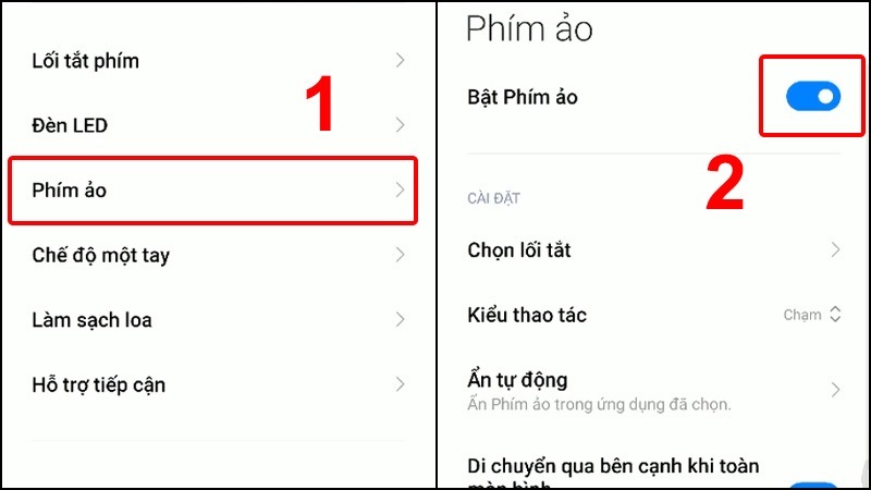 Gạt thanh trượt ở mục Bật phím ảo sang phải