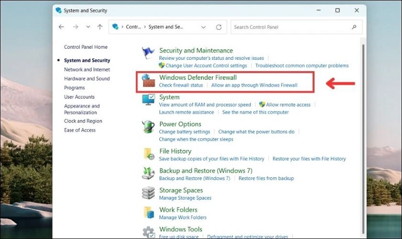 Chọn vào mục Windows Defender Firewall