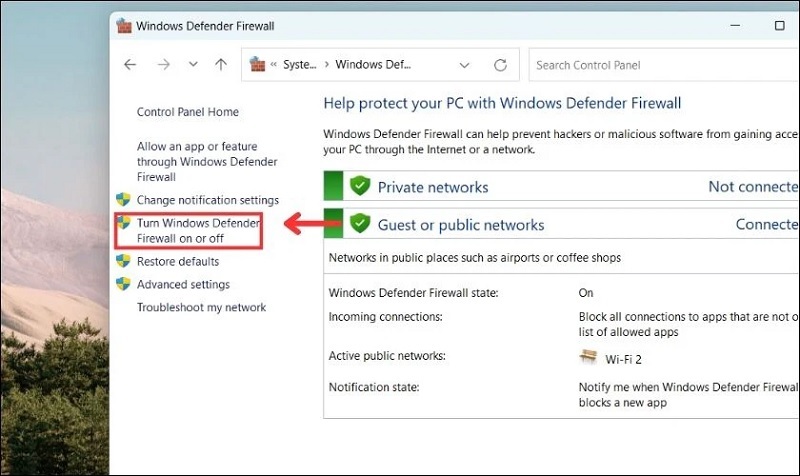 Nhấn vào dòng chữ Turn Windows Defender Firewall on or off
