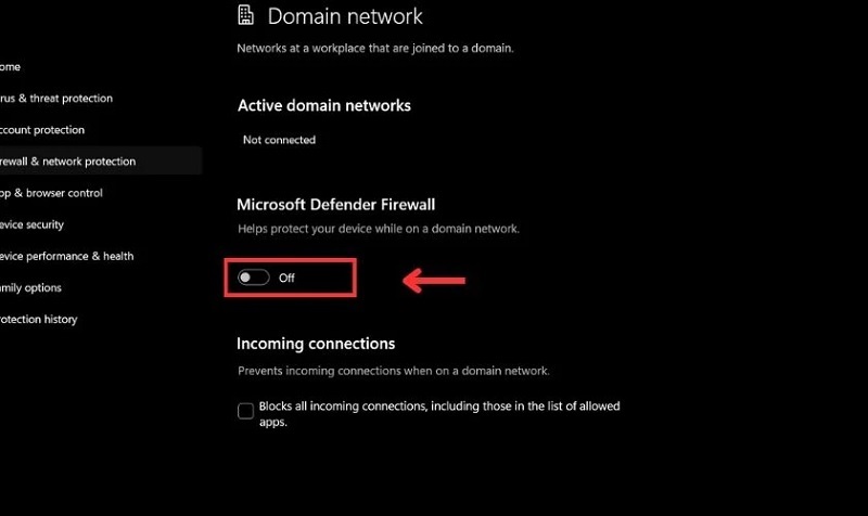Gạt thanh trượt bên dưới mục Microsoft Defender Firewall từ chế độ On sang Off