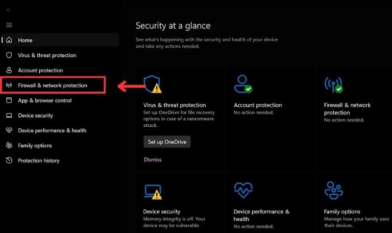 Chọn vào mục Firewall & network protection