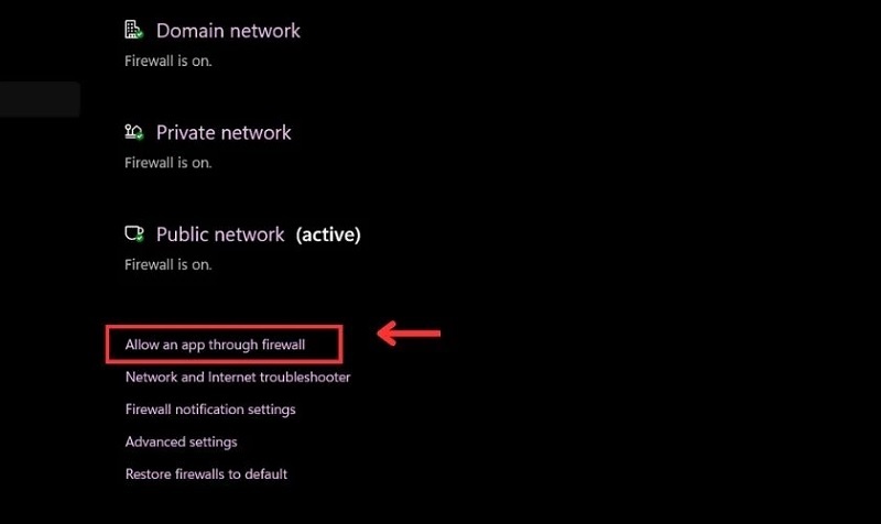 Chọn vào dòng chữ Allow an app through firewall