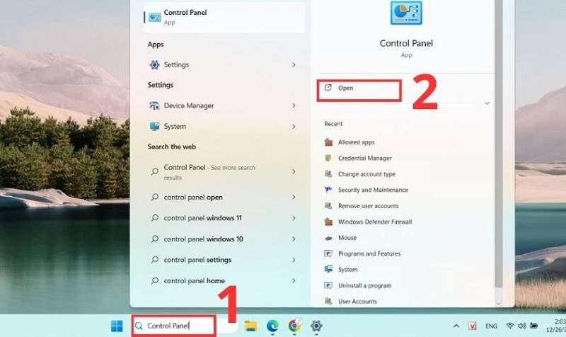 Nhấn nút Open để mở Control Panel