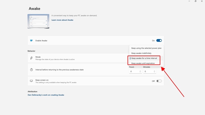 Chọn vào dòng chữ Keep awake for a time interval