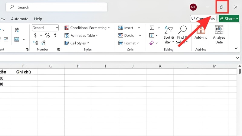 Nhấn biểu tượng thu nhỏ cửa sổ Excel ở góc trên bên phải