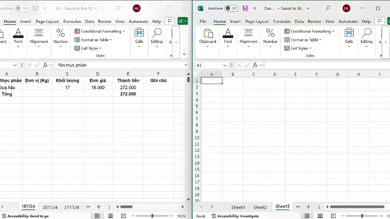 Hai cửa sổ Excel được sắp xếp cạnh nhau trên màn hình]
